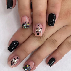 Sweet, Cool, and Spicy Black Short-Style Nail Art with Glittery Crown Gradient Design—European & American Wearable Nails in an Instagram-Friendly 24-Piece Set