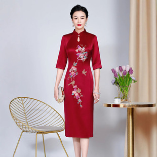 Acetate Satin Modified Mother-In-Law Wedding Banquet Stand-Up Collar Cheongsam Dress over the Knee Slimming Look Elegant Mother-In-Law Red Dress