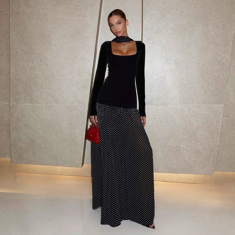 Yj25381 European and American Light Luxury Style Autumn New Halter Neck Square Neck Design Waist-Cinching Hip-Hugging Long A-Line Dress