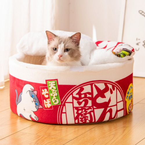 Japanese-style instant noodle-shaped cat house, universal for all seasons, summer dog cooling bed, detachable round mattress house, pet cat and dog house