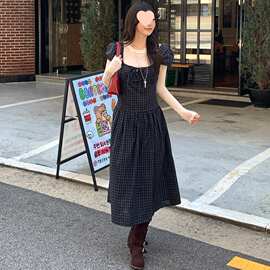 已出货 韩国chic秋季时尚叠穿法式方领格纹后背绑带短袖连衣裙女