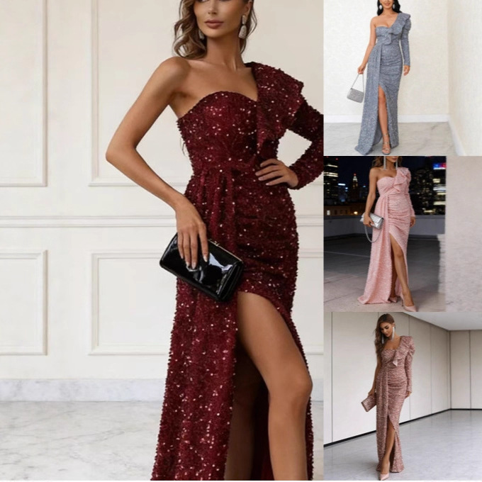 2026 New European and American Style Plus-Size Women's Sequined Long Dress with a Large Hem, Sexy Evening Gown with a Train for Banquets