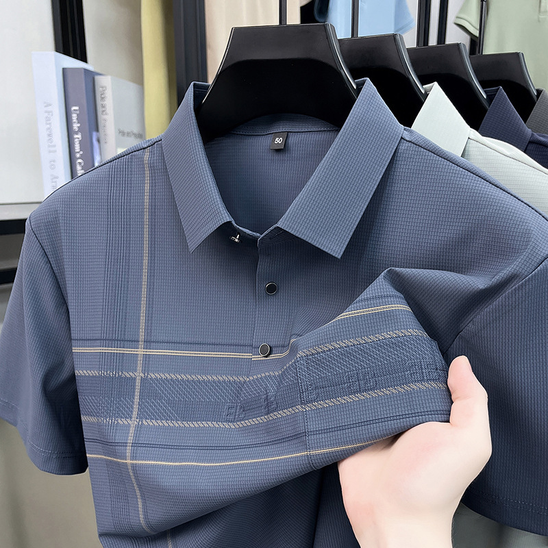 Cross-Border Middle-Aged and Elderly Men's Polo Shirt with Lapel, Ice Silk, High Elasticity, Luxury Feel, with Pockets, Men's Short-Sleeve T-Shirt
