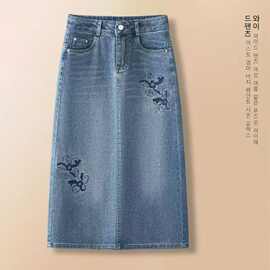 跨境牛仔半裙牛仔裙子印花春秋春季女士后开叉漂亮2026新款半身裙
