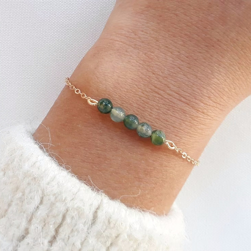 Minimalist French-Style Imitation Green Moss Agate Bracelet, Handmade Beaded Braided Rope Bracelet, Versatile Daily Jewelry, Bestie Gift