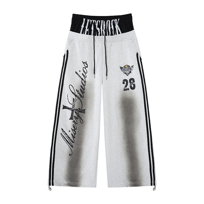 American retro street style letter print double-waist wide-leg pants, unisex, versatile, loose fit, with floral font design, sweatpants for autumn American retro street style letter print double-waist wide-leg pants, unisex, versatile, loose fit, with floral font design, sweatpants for autumn