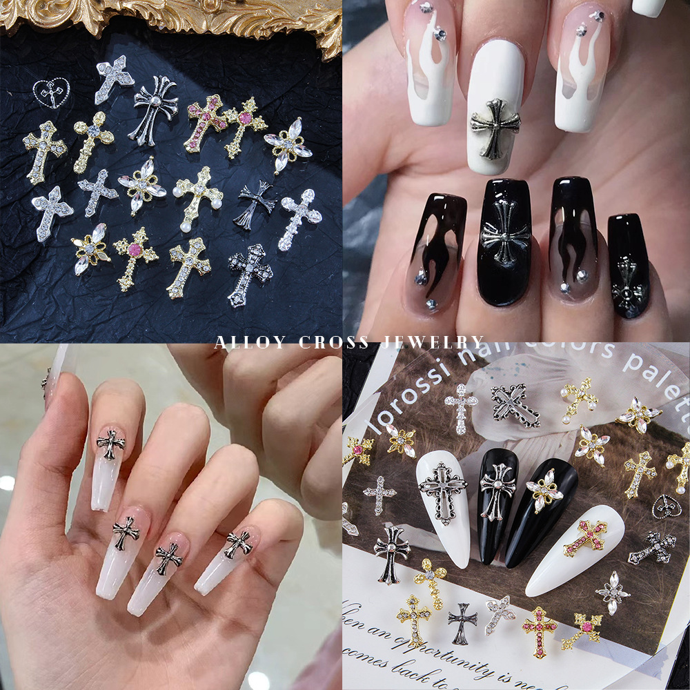 跨境新款十字架美甲饰品立体镶钻合金美甲复古暗黑克罗心指甲配饰