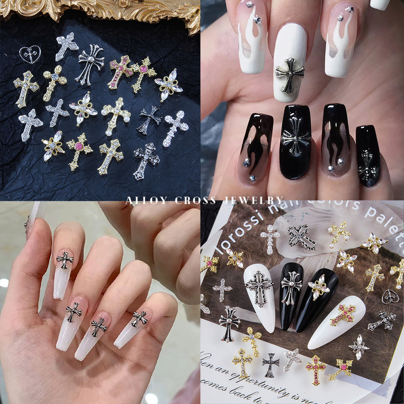 Cross-Border New Cross Nail Art Accessories Three-Dimensional Diamond-Encrusted Alloy Nail Art Retro Dark Crow Heart Nail Accessories Cross-Border New Cross Nail Art Accessories Three-Dimensional Diamond-Encrusted Alloy Nail Art Retro Dark Crow Heart Nail Accessories