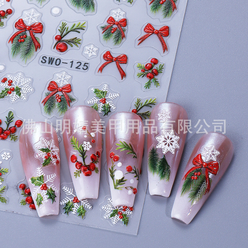 圣诞节浮雕美甲贴纸 跨境ins风新年圣诞叶子蝴蝶结背胶指甲贴花|undefined