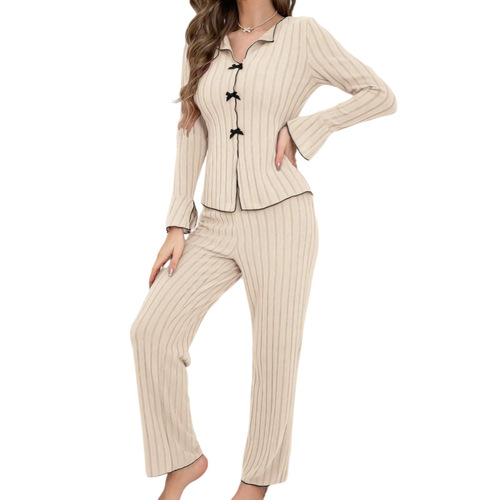Cross-border women's autumn/winter pajamas for Europe and the U.S.—fashionable, sexy, long-sleeved top with a lapel collar and bow tie, paired with long pants—women's loungewear set.