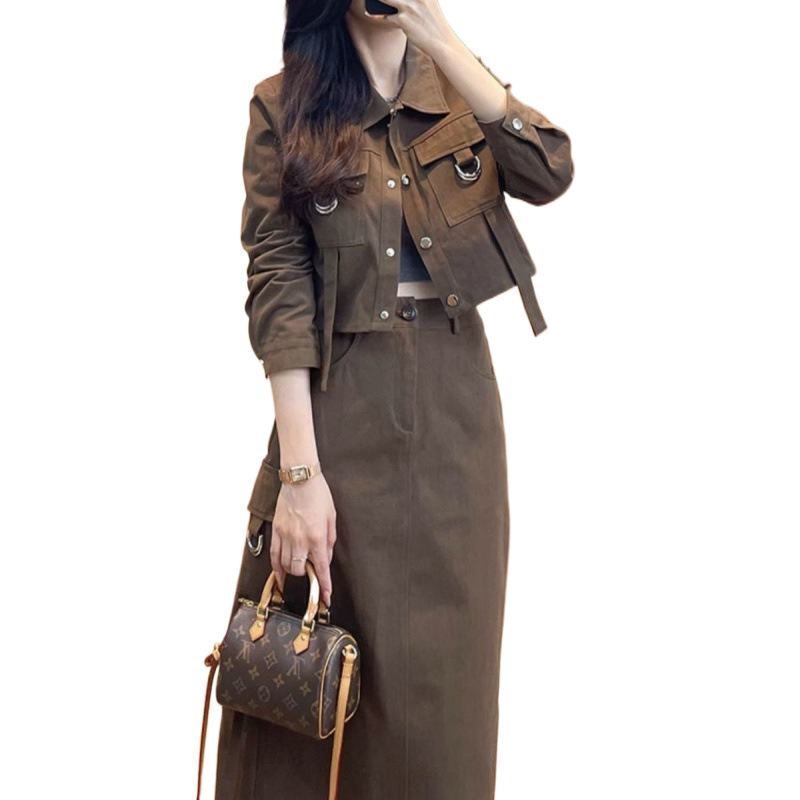 (2개) 커피 컬러 툴링 세트 여성의 가을 새로운 여성 의류 초가을 짧은 코트 스커트 투피스 세트