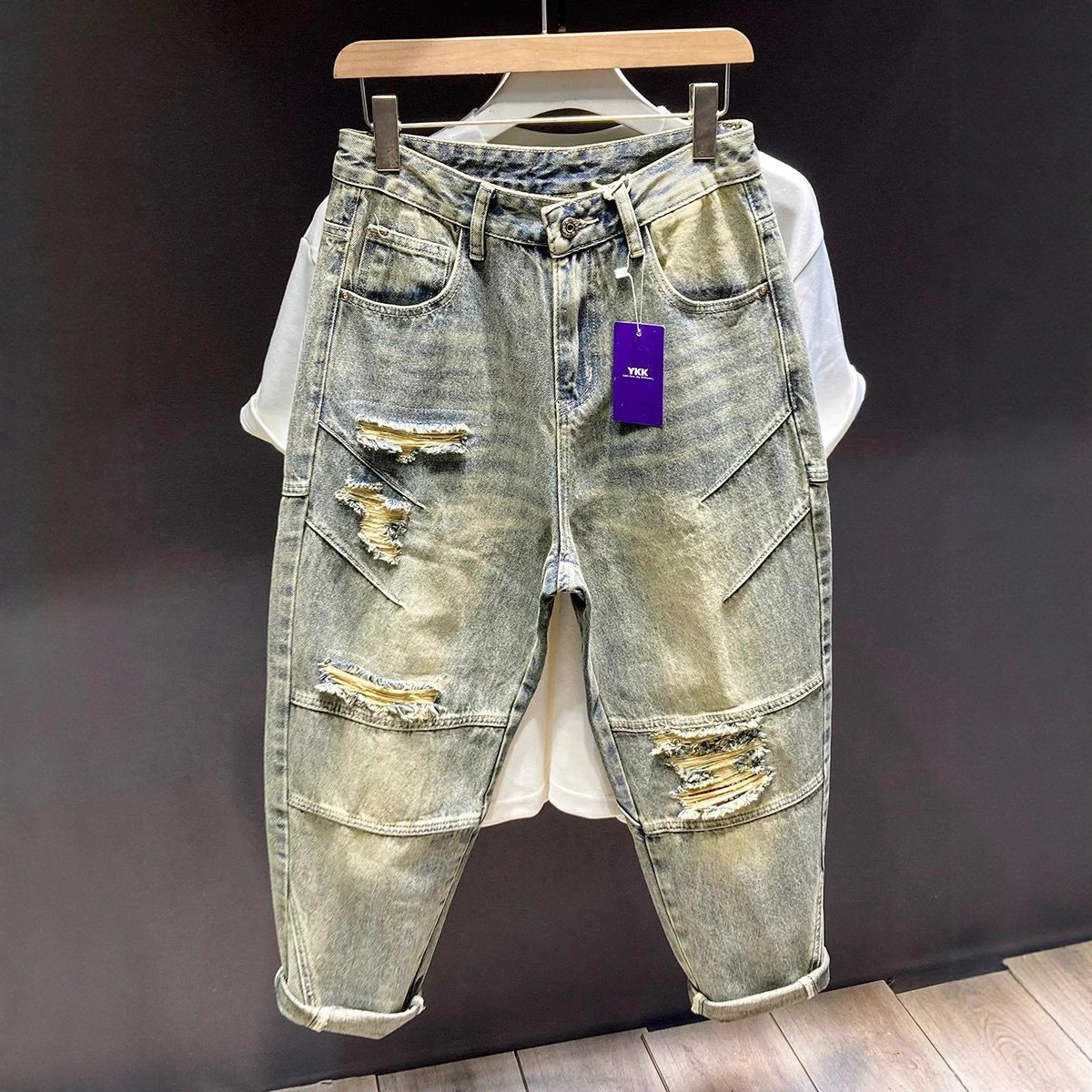 Retro Washed Distressed Jeans For Men Loose Fit Straight Leg Cool And Stylish American Casual Style Perfect For Spring And Autumn_mkmklike.com
