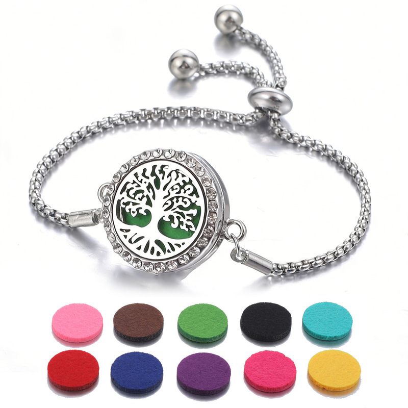 Diamond-Encrusted Stainless Steel Hollow Aromatherapy Essential Oil Bracelet European and American Style Tree of Life Openable Box Perfume Diffuser Bracelet