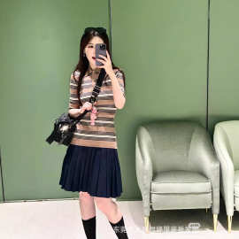 高定新款P家南油工厂复古韩系简约学院风少女条纹Polo领针织上衣