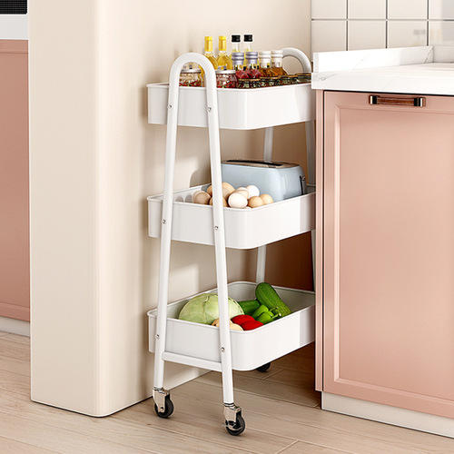 Portable multi-tiered storage shelf with wheels, perfect for under-the-desk use—ideal for dorm rooms to organize books, snacks, and toys.