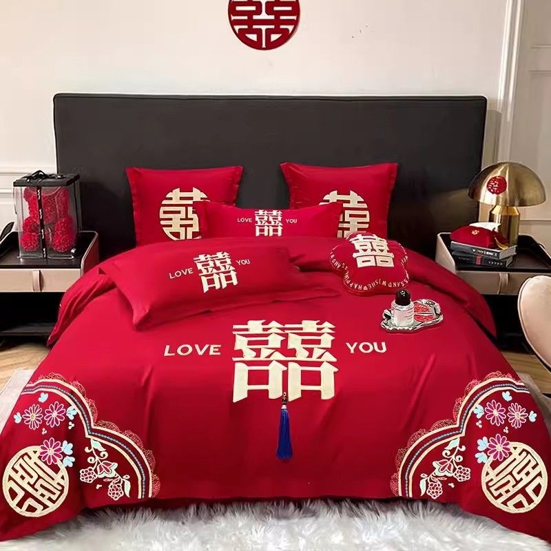 Cuatro piezas de boda china dragón-fénix bordado sábanas de boda rojas casa de boda colcha de cama image 19