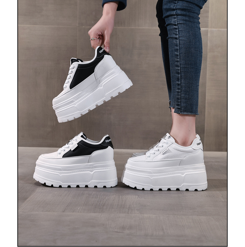 Giày sneaker nữ đế dày tăng chiều cao phong cách đơn giản — Đen trắng chi tiết 17