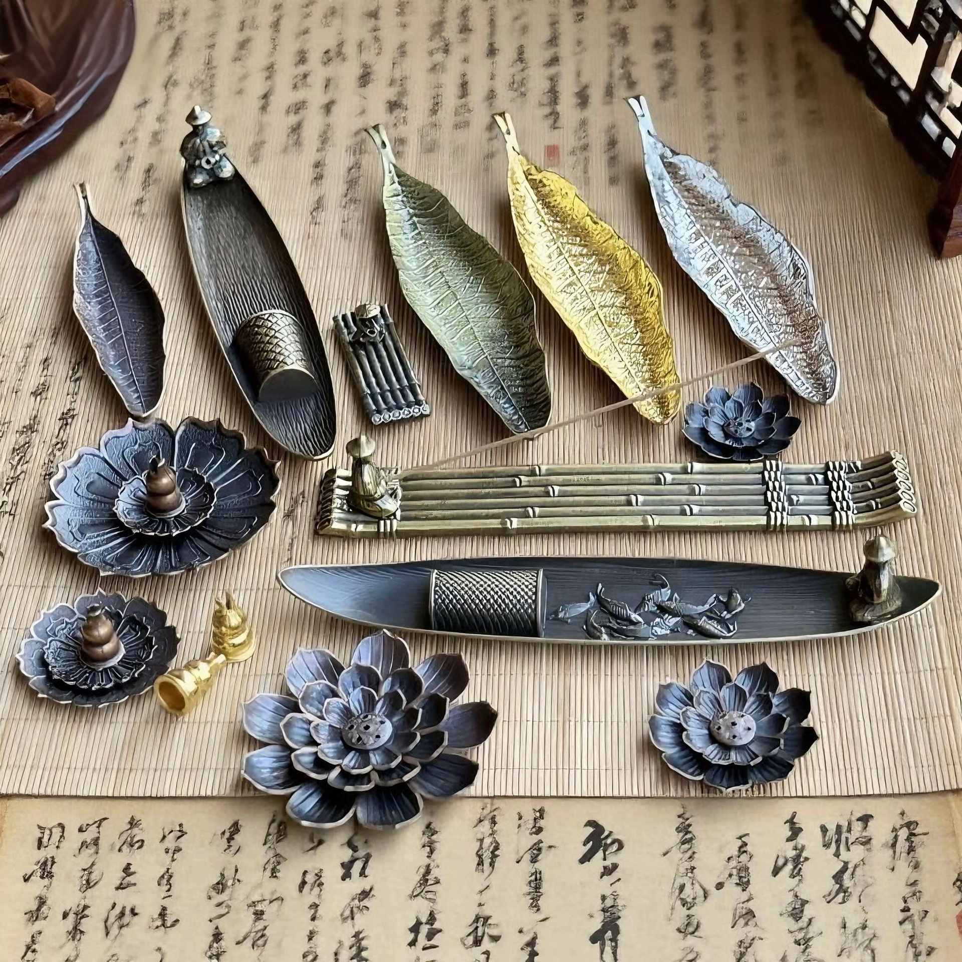 渔翁垂钓香插仿古锌合金线香炉树叶子线香插座家用室内莲花香插
