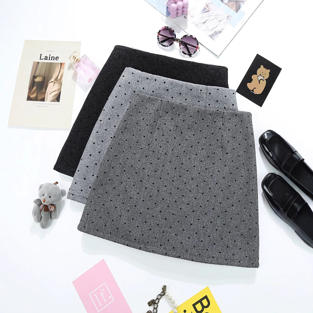 浅灰色爱心圆点半身裙韩系女装气质高腰毛呢短裙修身包臀裙子9268