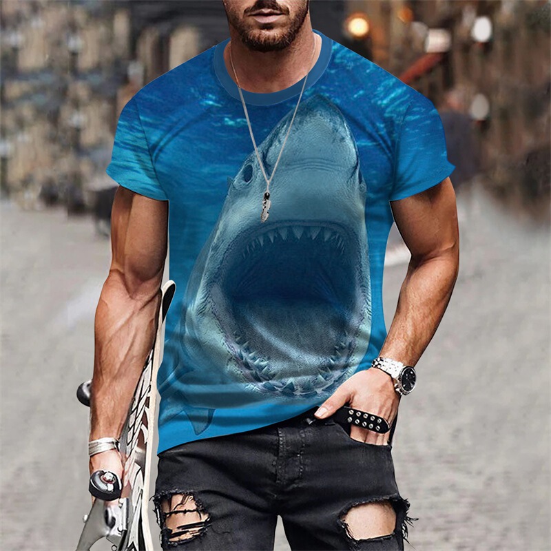 Cross-Border New Hot-Selling Ocean Shark 3D Digital Print Men's Casual Short-Sleeved Summer Loose Fashion T-Shirt