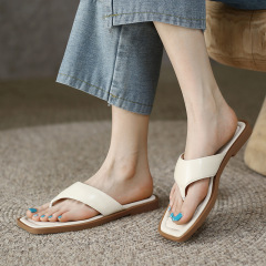 A little comfortable~! French square toe open-toe flat sandals for women, summer outdoor flip-flops
