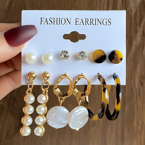 Cross-border new retro C-shaped earring set 6 pairs of creative personality oil-dropping leopard print earrings love butterfly earrings