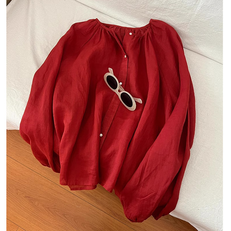 recommend! Korean-type super-beautiful super-western red Tencel ramie shirt women's summer light and high-grade sunscreen top