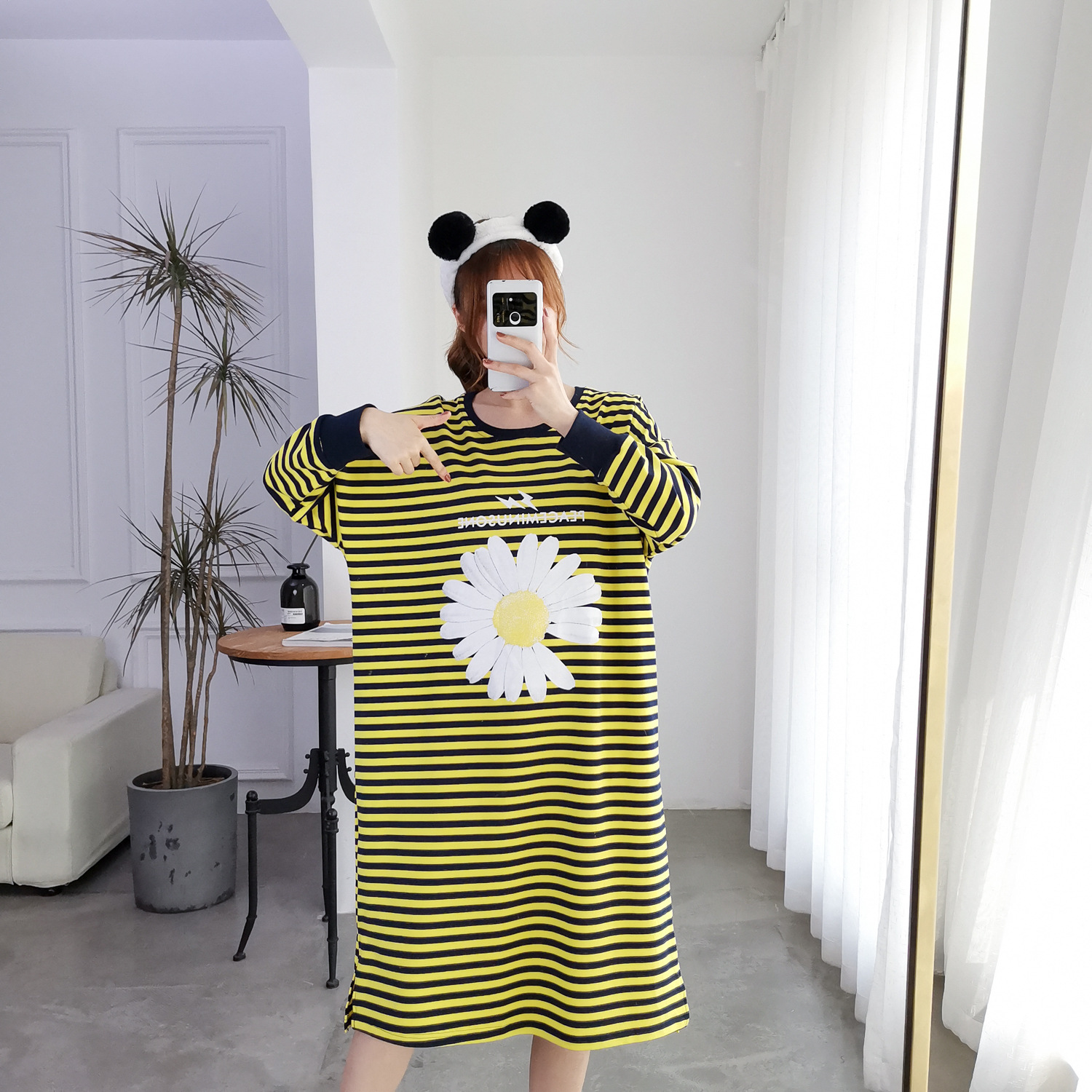 大码纯棉小毛圈睡裙宽松条纹睡衣可外穿家居服胖mm春秋款家居裙全