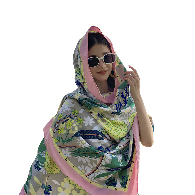 Bufanda de seda de estilo étnico bufanda de algodón y lino de verano playa protección solar toalla flor fresca aire acondicionado chal