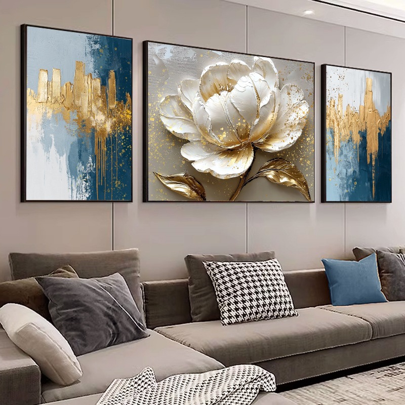 Floral Living Room Decorative Painting Light Luxury High-end Sofa Background Wall Hanging Painting Abstract Triptych American Murals