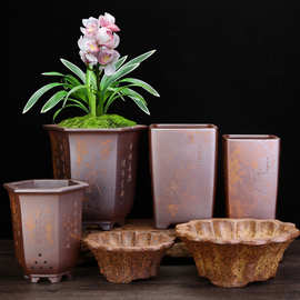 柴烧紫砂兰花盆君子兰老桩松柏竹子客厅桌面刻绘盆景花卉绿植批发