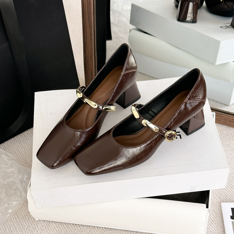 Fc588【Small Gold Bar Ultra】 5cm Chunky Heel French Square Toe 2025 Autumn New Mary Jane High Heels