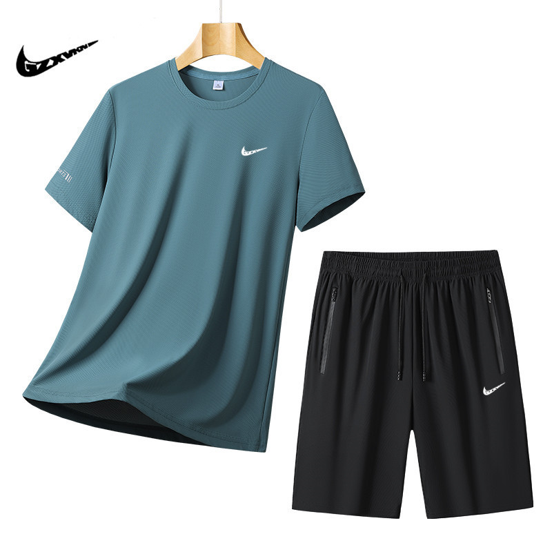 Men's Summer New Ice Silk Sports suit Men's Loose All-match Casual Quick-drying Stretch T-shirt Shorts Two-piece Set