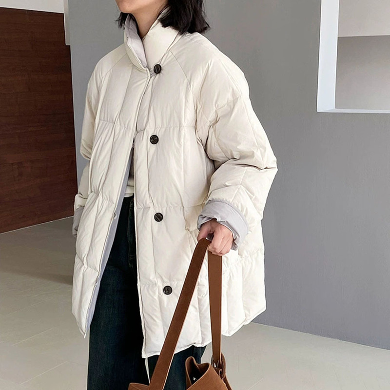 Korean Sweet Style Color-Blocked Cuffed White Duck down Jacket for Women, Mid-Length, 2025 Winter Fashion, Loose Puffer Coat