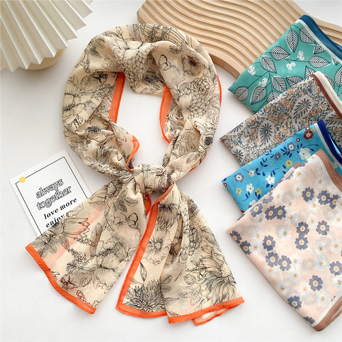 New long silk scarf for women in spring, autumn and summer, versatile and stylish, thin gauze scarf to decorate shirts, scarves and streamers