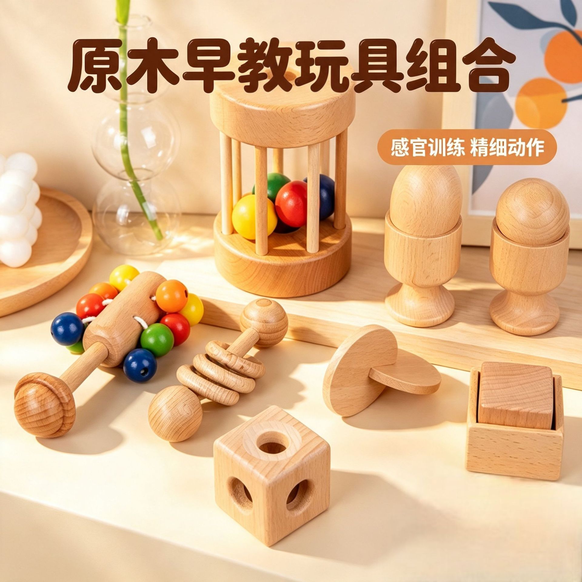Montessori infant rattle car model building block shape cognitive gnashing stick soothing toy enlightenment teaching aid