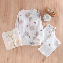 春夏薄款带文胸棉纱布睡衣V领卡通棉绉布长袖套家居服免文胸