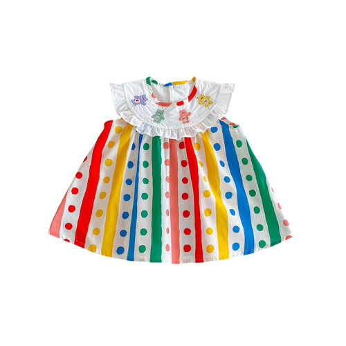 Baby Girl Polka Dot Blouse Skirt 2025 Summer Embroidered Bear Dress Trendy Infant Striped Diaper Cover