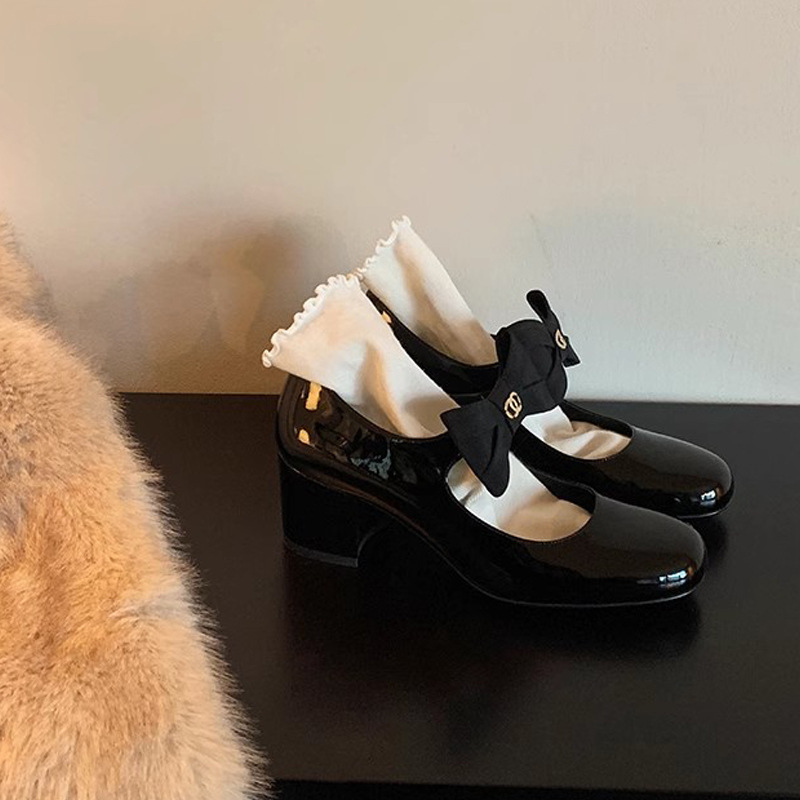 Uva mamá oro Madeline ~ francés arco punta redonda tacón grueso estilo de Chanel Mary Jane zapatos cuero para las mujeres