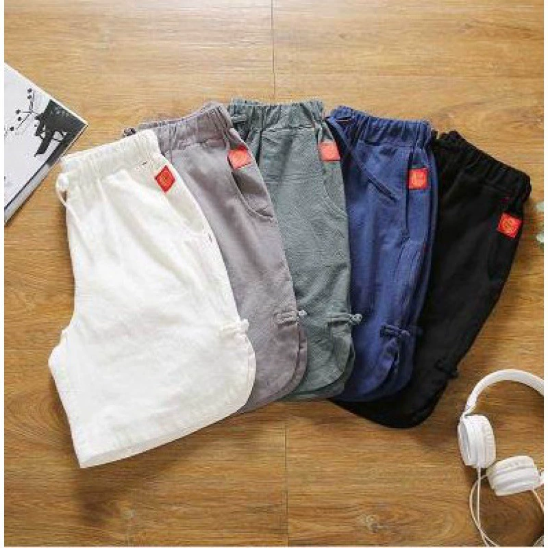 Шорты с пряжкой в китайском стиле Мужские льняные повседневные шорты Летние шорты Модные отличительные свободные тонкие брюки в Корейском стиле