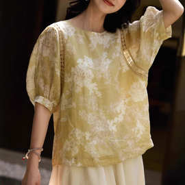 茉香风浅剪纸印花灯笼袖小衫优雅文艺复古圆领上衣女2025夏季新款