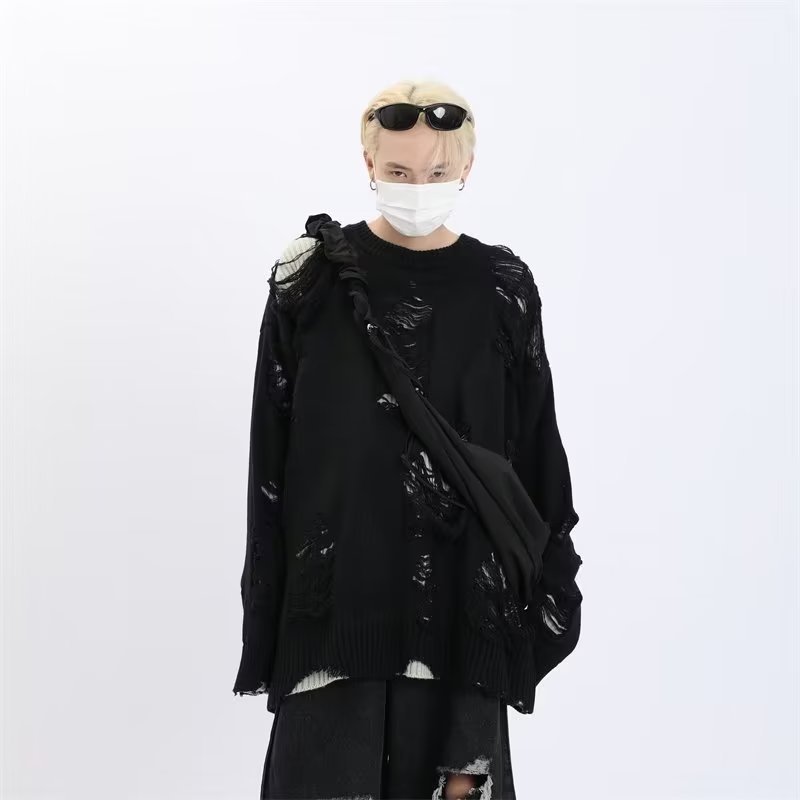 Cuello redondo perezoso alto calle suéter de los hombres de otoño e invierno marca de moda suelta hip hop rasgado diseño de dos lados sentido nicho suéter