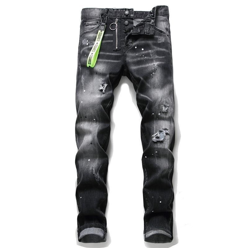 European and American Style D2 Men's Jeans with Ripped Patches, Paint Splatters, Slim Fit, Trendy Pants with Badges and Buttons, Men's Jeans Wholesale