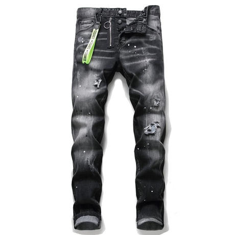 European and American Style D2 Men's Jeans with Ripped Patches, Paint Splatters, Slim Fit, Trendy Pants with Badges and Buttons, Men's Jeans Wholesale