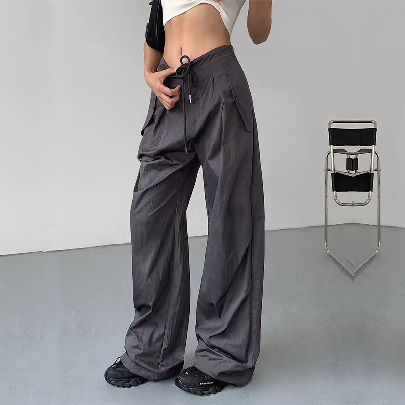 American Retro Quick-drying Black Overalls Women's Drawstring Early Autumn New Straight Leg Wide Leg Pants Spice Girls Loose Casual Pants