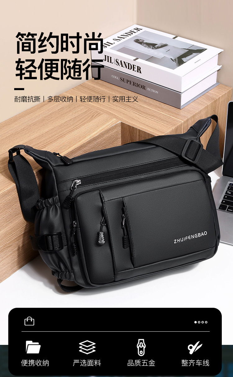 Large-capacity multi-layer men's bag with zipper, fashionable water-resistant crossbody bag, business small backpack, lightweight travel single-shoulder bag details Picture