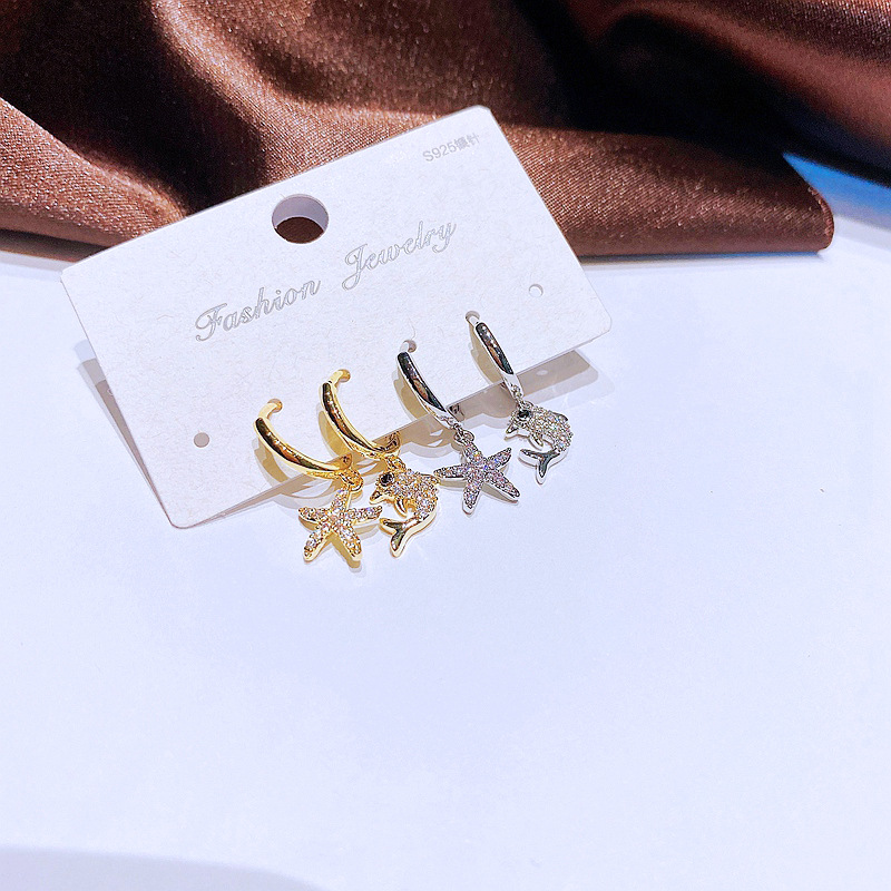 Cute Starfish Dolphin Small Ear Clip Gold Plated Zircon-Embedded Earrings