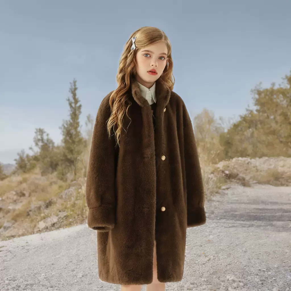 OPCP儿童皮草外套冬新女童精仿水貂毛男童中长金貂绒毛毛大衣