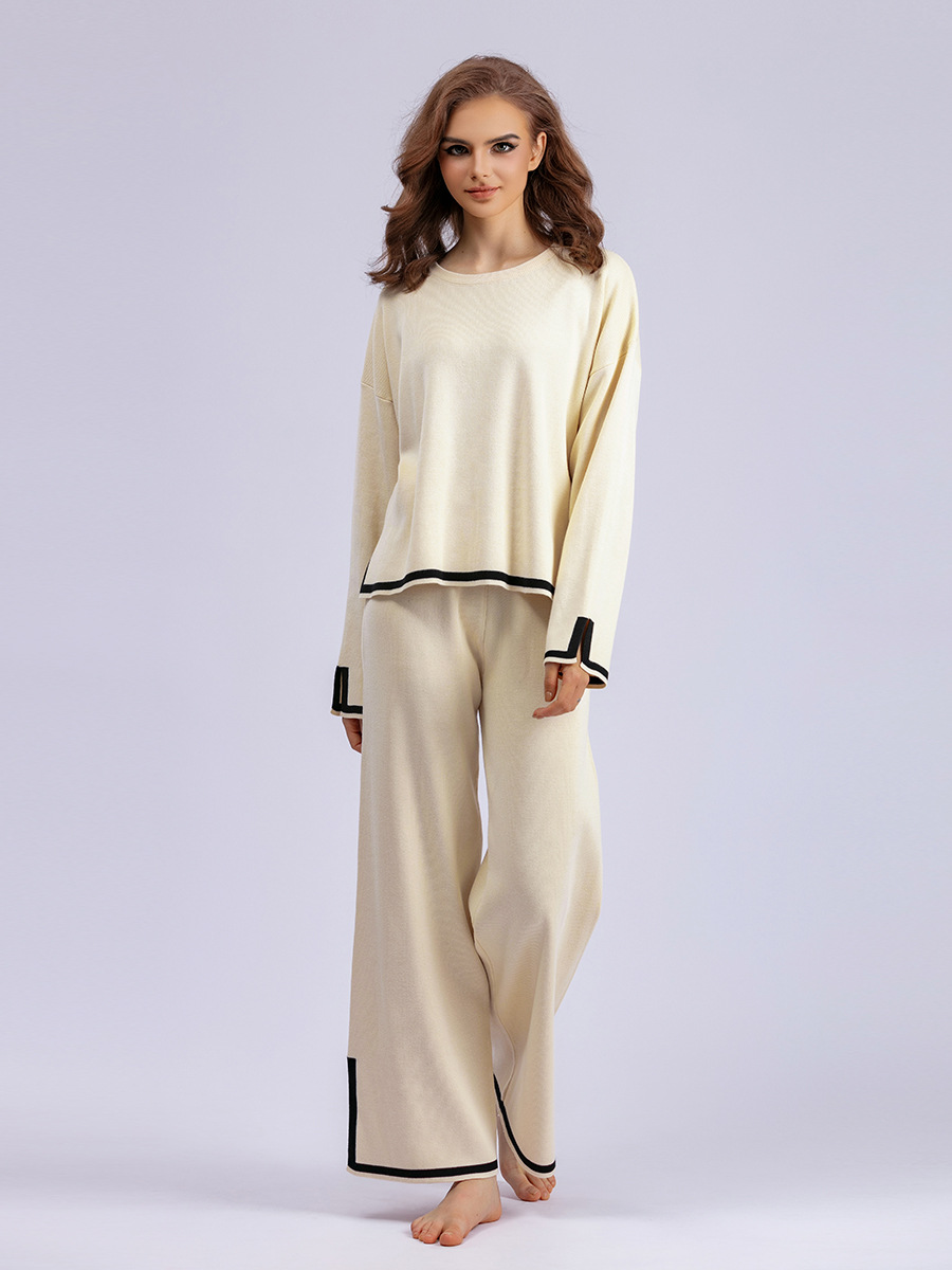 864g Weight Long Sleeve Sleeve Length knit Fabric Type Pant Co-ord Set Sets Type Daily Women's Vacation Solid Color Knit Contrast Binding Pant Co-ord Set Pants Sets