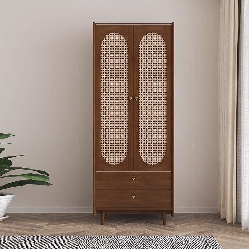 Retro Solid Wood Wardrobe for Home Bedroom Small Apartment Rattan Hanging Clothes Storage Cabinet Storage Cabinet B&B Small Wardrobe
